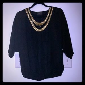 Black Sheer Mid-Sleeve Top w/ Gold/Black Sequins